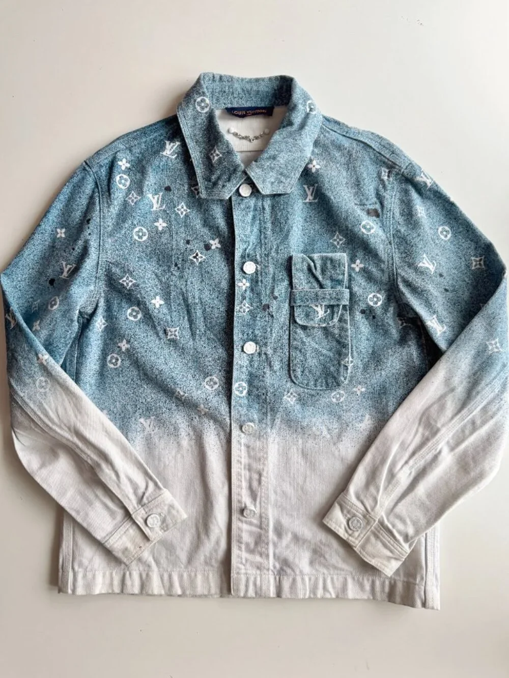LOUIS VUITTON AW2020 Snowfall Gradient Ombre Logo Denim Overshirt, Size M - Picture 3 of 16